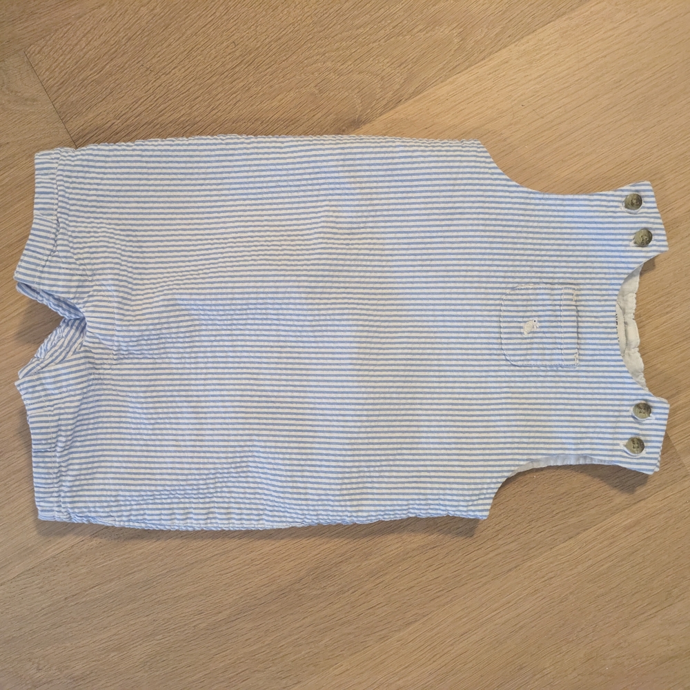 Janie and Jack Light Blue and White Striped Seersucker Romper